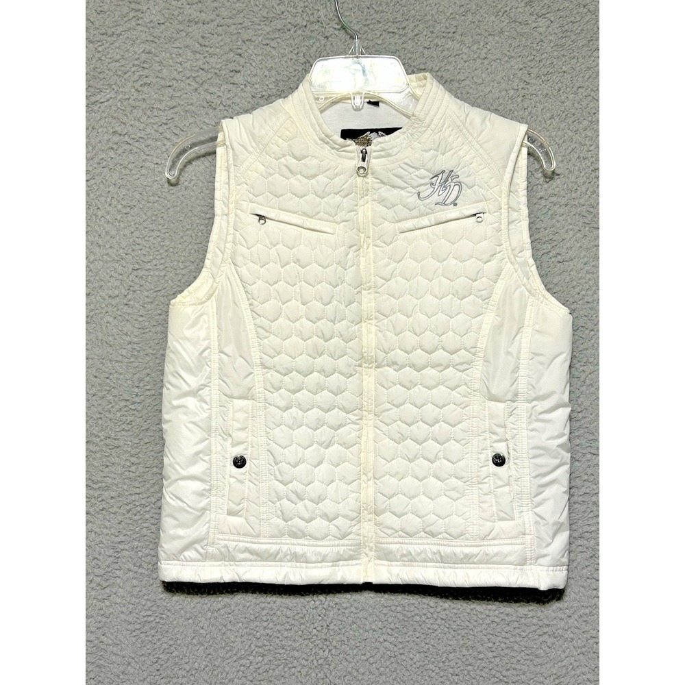 Womens Harley Davidson S‎ Cream Honeycomb Quilted Puffer Vest Embroidered